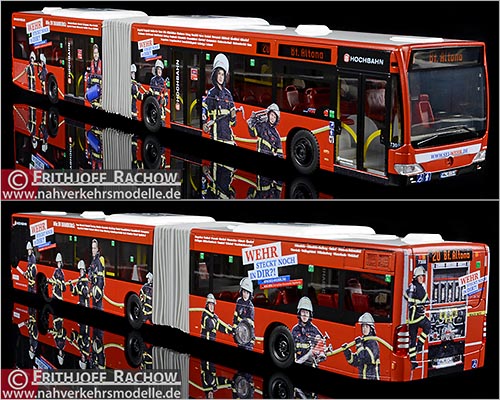 Rietze Busmodell Sondermodell Mercedes-Benz O 530 Citaro G Euro vier Facelift Hamburger Hochbahn Aktiengesellschaft mit Werbung Freiwillige Feuerwehr Hamburg